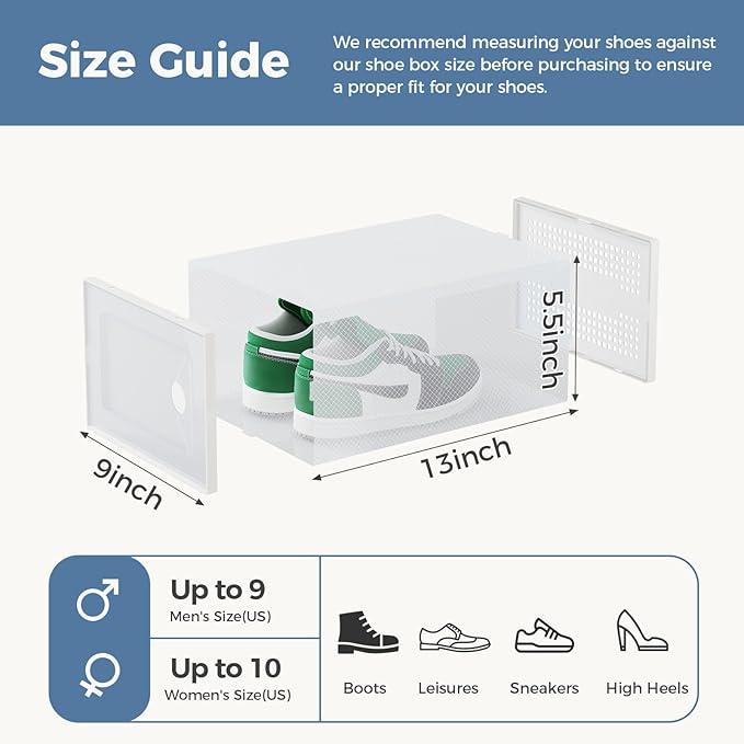 DUMOS 12-Pack Shoe Storage Boxes, Clear Shoe Containers with Lids, Stackable Sneaker Case Organizer for Closet, Under Bed, Entryway,White (Fit Size 9)
