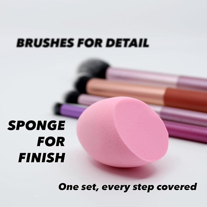 Earth & I Complexion Perfection 5-Piece Set – 3 Pro Face Brushes + 1 Master Eye Blender + 1 Chiseled Sculpting Sponge – Metallic Sateen Pink & Rose Gold – Professional Airbrush Base Kit