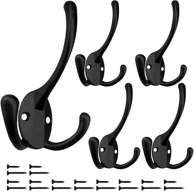 Wall Mounted Coat Hooks 5 Pack Heavy Duty Black Hardware Robe Hooks Decorative for Single Hanging Coats Towel Cubicle Classroom Kitchen Bath Backpack Hat Hook