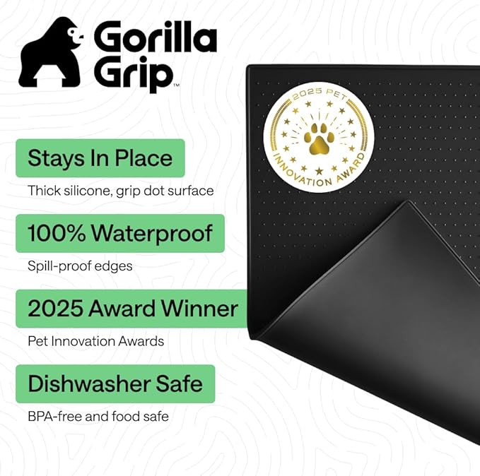 GORILLA GRIP 100% Waterproof Raised Edge BPA Free Silicone Pet Feeding Mat, Dog Cat Food Mats Contain Spills Protects Floors, Placemats for Cats and Dogs Water Bowl, Pets Accessories 23x15 Black