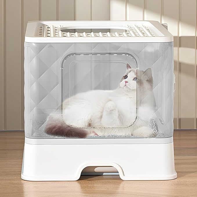 Gagee Foldable Cat Litter Box, Extra Large Front Entry Top Exit Box with Lid, Drawer Type Enclosed Kitty Scoop, Anti-Splashing Toilet Easy Cleaning,Grey