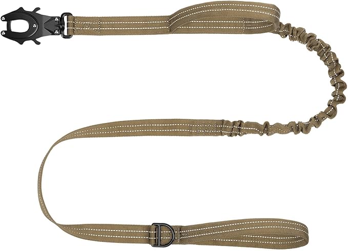 ICEFANG Tactical Dog Leash,K9 Training Walking Bungee Lead with 2 Control Handle,Heavy Duty Quick Release Metal Clasp,Hands Free D-Ring for Medium Large Dogs (6ft,Reflective Brown)