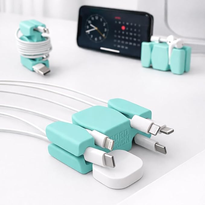CordBrick Stocking Stuffers for Adults Cord Management Weighted Cord Holder Cable Wrap Phone Stand - Multiuse Gadget Organizer for Nightstand, Desk. Gift for Men, Durable Silicone. 4pk Aqua