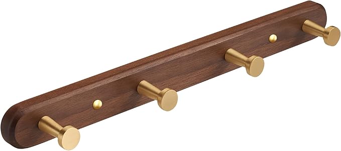 SARIHOSY] Wall Mounted Coat Rack,Multi Hook Hangers,Entryway Hanging Coat Rack,Metal Wood Coat Rail with 4 Hooks，Walnut Wood,zinc Alloy,Bedroom,Bathroom,Foyer,Living Room,Metal Household Items