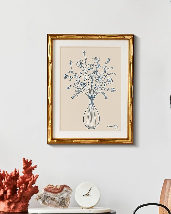 HUARCEY Botanical Blue Line Art 11x14 Inch Minimalist Flower Vase Print, Gold Bamboo-Textured Frame Modern Canvas Art for Living Room Bedroom Bathroom, Neutral Floral Home Office Gallery Wall Decor