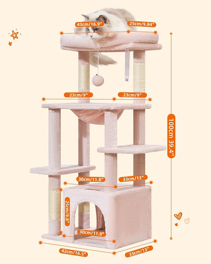 Taoqimiao Cat Tree,39.4-Inch Cat Tower for Indoor Cats,Suitable for Kittens with Luxurious cat condo with Soft Hammock and Luxurious Perch MS027P Jelly Pink