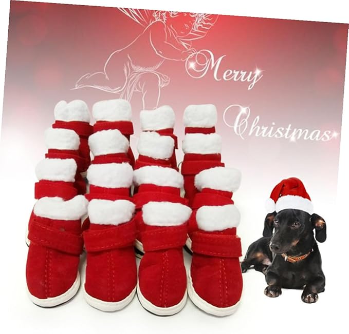 4Pcs Pet Dog Winter Shoes Red Windproof Booties Anti-Slip Paw Protectors for Dogs Outdoor Snow Mud Protection