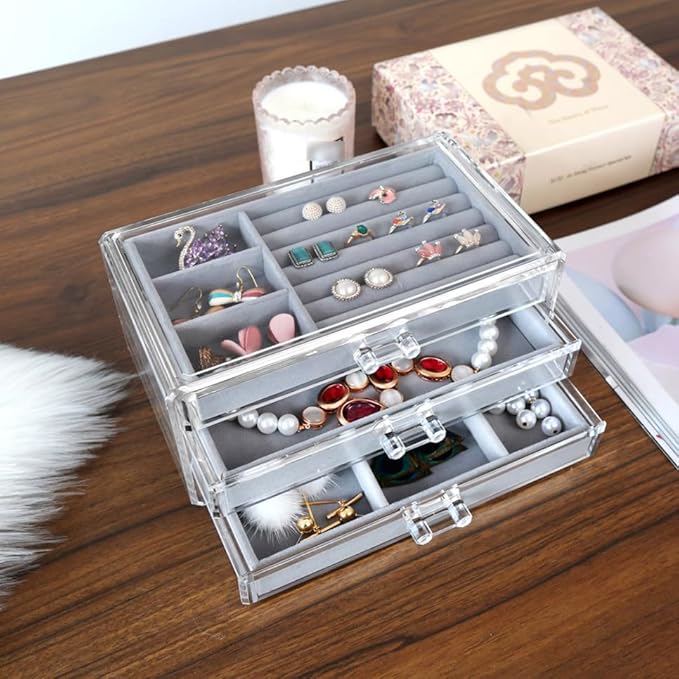 Acrylic Makeup Organizer Box 3 Layers Jewelry Storage Case for Cosmetics and Accessories for Vanity Table and Bedroom Display