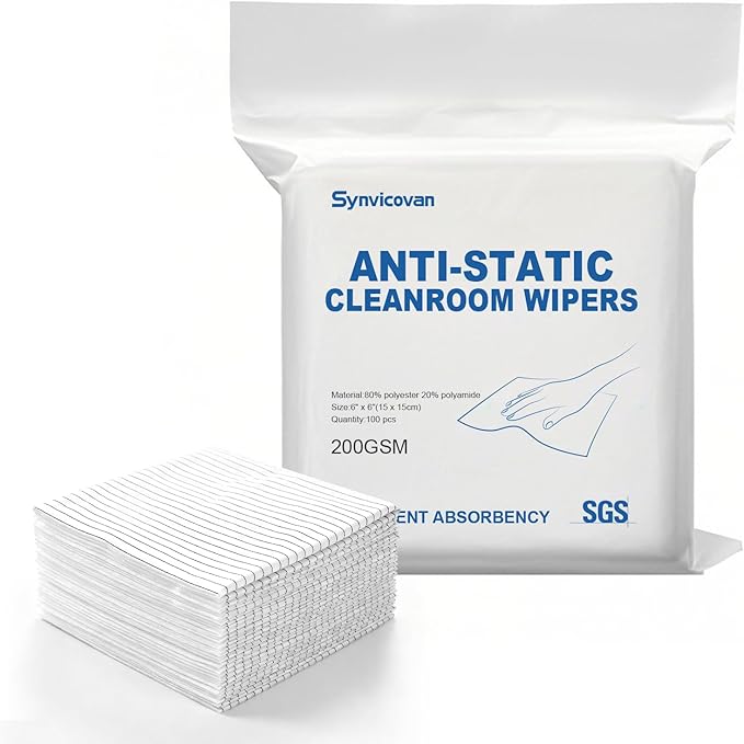 Anti-Static Microfiber Wipes 6"x6"(100 Pcs,Class 100, 200GSM) Lint Free Cloths Reusable Special ESD Protection Design is Suitable for Protecting Sensitive Electronic Components and Tools