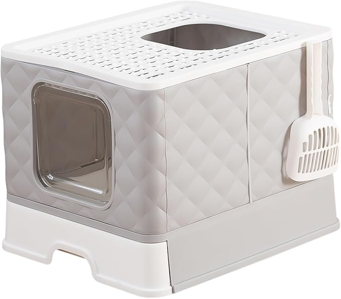 Gagee Foldable Cat Litter Box, Extra Large Front Entry Top Exit Box with Lid, Drawer Type Enclosed Kitty Scoop, Anti-Splashing Toilet Easy Cleaning,Grey