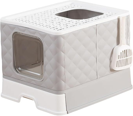 Gagee Foldable Cat Litter Box, Extra Large Front Entry Top Exit Box with Lid, Drawer Type Enclosed Kitty Scoop, Anti-Splashing Toilet Easy Cleaning,Grey