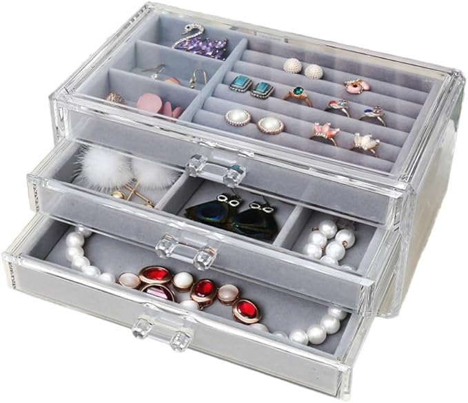 Acrylic Makeup Organizer Box 3 Layers Jewelry Storage Case for Cosmetics and Accessories for Vanity Table and Bedroom Display