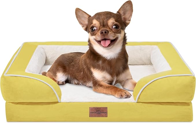 Comfort Expression Orthopedic Dog Bed for Small Dogs 24x16 Inch, Waterproof Egg Crate Foam Small Pet Bed with Removable Bolsters, Dog Couch with Washable Cover & Non-Slip Bottom, Spicy Mustard
