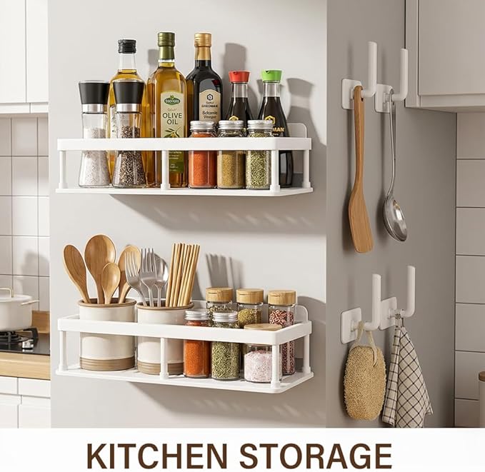 2pc Wall Mounted Floating Shelf, Detachable Storage Rack,No Drill Shelves for Wall,Floating Shelves Damage-Free Expand Walls Space for Living Room Kitchen Bathroom (4, White)
