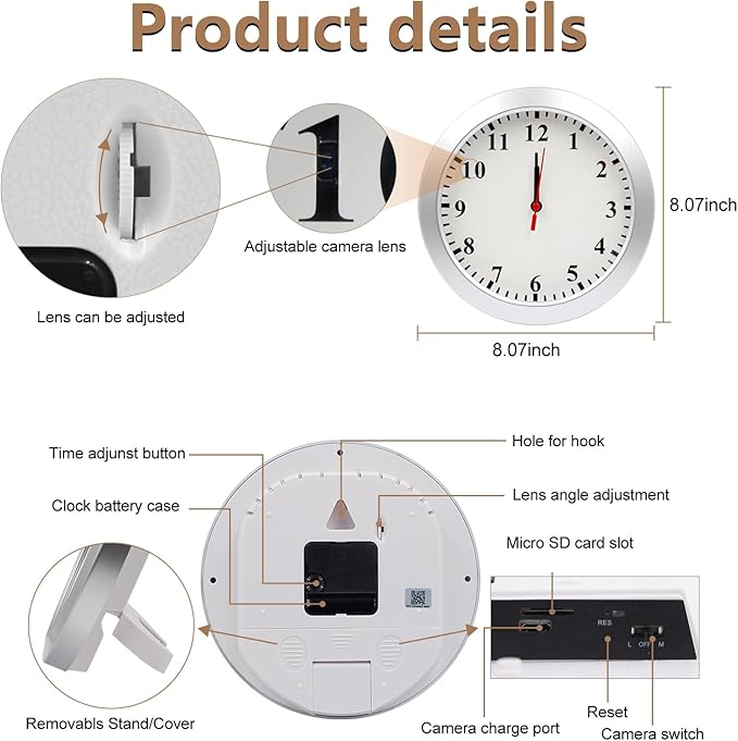1080P HD Mini Camera Wall Clock Cameras with Motion Detection Indoor Security Hidden Cam Pet Camera for Home/Office, No Wi-Fi