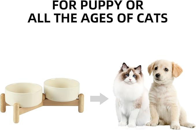Ceramic 5.1inch Raised Double Bowls Set with Wooden Stand, Elevated Food & Water Bowls for Small Breed Dogs, Cats, Kitty, Weighted Dog Dishes, Pet Bowls(13.5oz, Light Yellow)