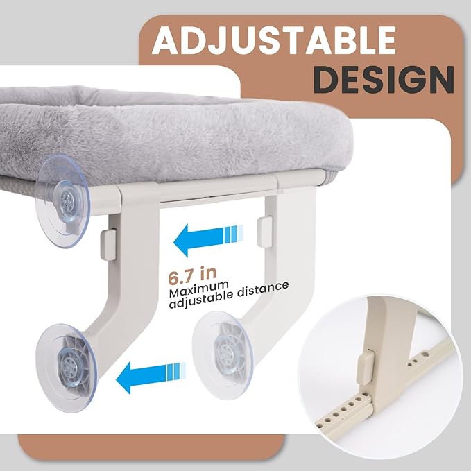 Window Sill Cat Perch with Large Bolster, Strong Metal Frame, Tool-Free, Easy to Assemble & Adjust, Suction Cups, Perfect for Window Sills, Bedside and Glass (White, Large)