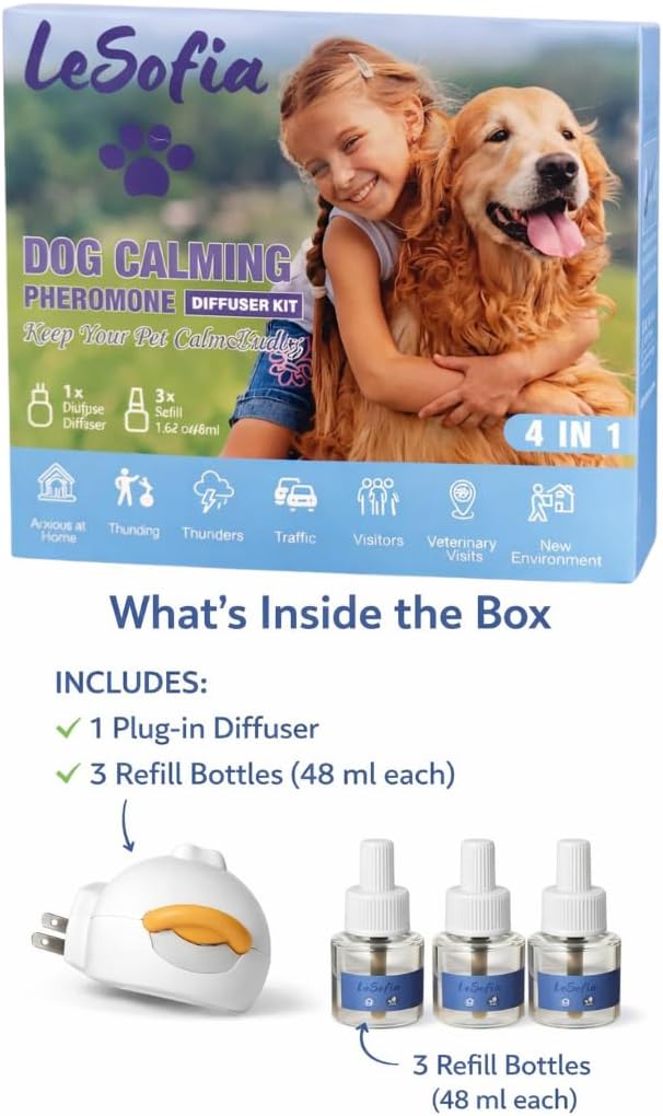 Dog Pheromones Calming Diffuser, 90-Day Dog Calming Diffuser - 1 Diffuser & 3 Refills Top Advantageous Kit Dog Calming Diffuser – Helps Reduce Scratching,Peeing,Hiding Urine,Marking Aggression