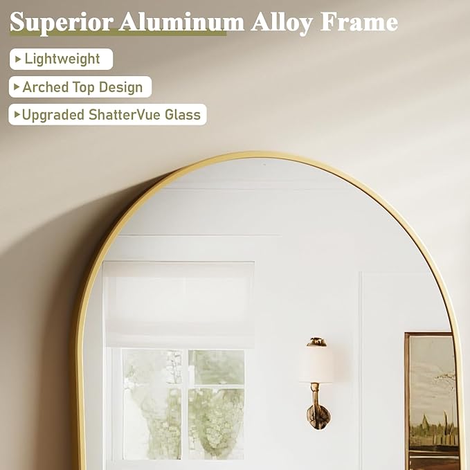 HARRITPURE 32"x42" Arched Bathroom Mirror - Gold Wall Mounted Vanity Mirror Aluminum Alloy Frame Large Arch Wall Mirror for Living Room, Bedroom and Entryway