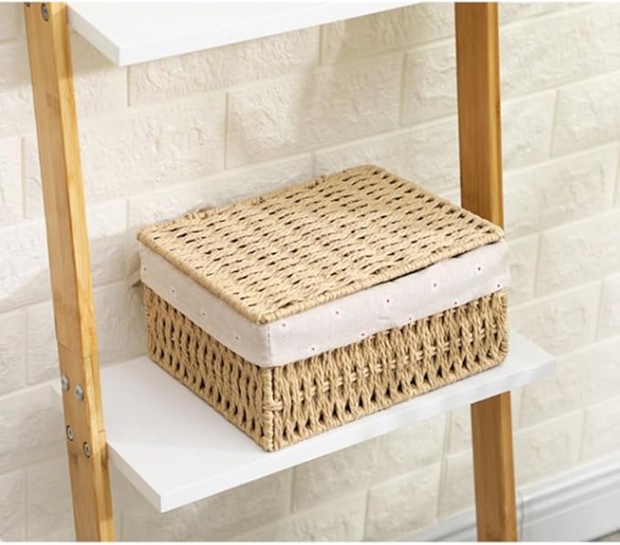 Wicker Shelf Basket with Lid Paper Storage Baskets for Shelves Large Storage Bin with Removable Liner Nesting Decorative Woven Basket for Makeup Closet Organizer (Large, Khaki)