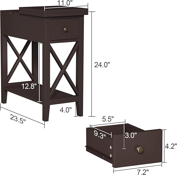 ChooChoo End Table, Flip Top Narrow End Table with Drawer, Accent Small Side Table Nightstand for Living Room, Bedroom, and Small Spaces, Espresso