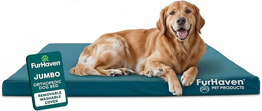 FurHaven Water-Resistant Orthopedic Dog Bed for Large Dogs, Oxford Polycanvas Mattress with Orthopedic Egg Crate Foam for Joint Support, Removable Washable Cover, Jumbo/XL, Deep Lagoon