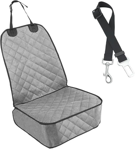 Dog Car Front Seat Cover with Side Flaps, Waterproof & Scratch Proof Car Seat Protector for Dog, Nonslip Pet Car Seat Pad with Safety Belt, Fit for Most Cars SUVs Trucks Jeeps (Grey)