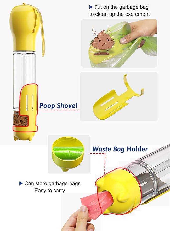 16.9oz Portable Pet Water Bottle Food Container,Travel Drink Feeder Cup Food Dispenser with Poop Shovel 17Pcs Waste Bag,for Dog Pets Walking Hiking (Blue, 10.1oz(300ml))
