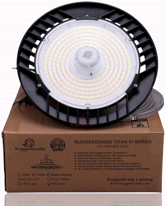 RuggedGrade 100W - Titan VI Series LED High Bay UFO with Motion Sensor - 16,500 Lumens - Color Selectable 3000K/4000K/5000K - Indoor LED Light - DLC 5.1 Premium