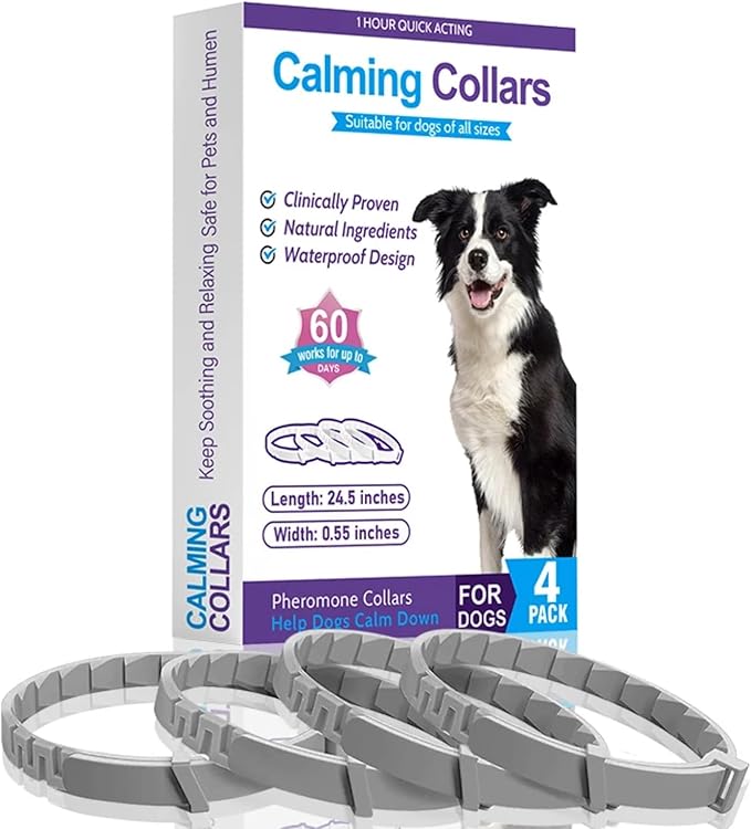 Calming Collars for Dog, 4 Packs, Dog Pheromone Calm Collars Help Dogs Calm Down, Stress Separation Suitable Dogs Last 60 Days Relieve per Box Collar Size 24.5 inch Color Gray