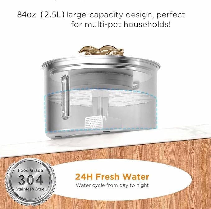 Stainless Steel Cat Water Fountain, 84oz/2.5L Pet Fountain Dog Water Dispenser with Water Level Window for Cats/Dogs Indoor, Flower Style Sprinkler, Silent Automatic USB Wired Dispenser,Filter Sponge