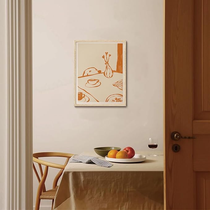 XJYISUO Framed Wall Art Funky Dog Wall Decor Coffee Canvas Art Minimalist Animal Pictures Warm Paintings Modern Neutral Artwork for Kitchen Nursery Living Room