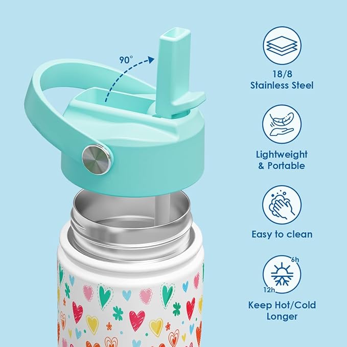 Kid Water Bottle 12oz with Straw Lid - 2-Pack Insulated Stainless Steel Water Bottles for Kids Girls - Travel Cup for Back to School Sports Christmas Birthday (Ballerina & Heart)