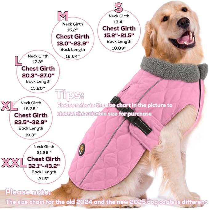 Dog Coats for Cold Weather, Fleece Lining Small/Medium/Large Dog Jackets for Winter, Reflective Adjustable Doggie Winter Clothes for X-Large Dogs, Pink XL