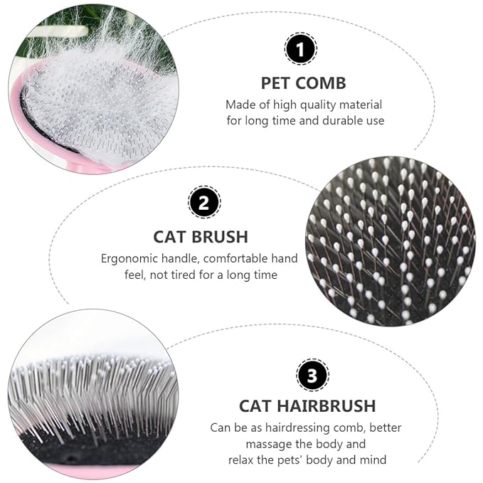 HEMOTON Pet Grooming Brush and Comb Set for Cats and Dogs, Pink Massage Hairbrush with Soft Bristles, Pet Supplies for Shedding Control and Fur Cleaning
