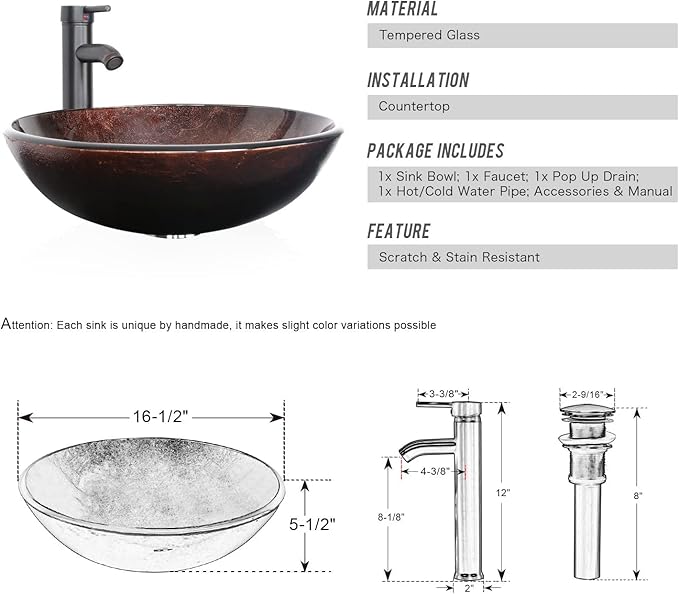 eclife 36" Bathroom Vanity Sink Combo Modern Metal Stand Cabinet W/Bottom Shelf & Storage Side Cabinet Brown Round Vessel Sink & Water Save Faucet & Pop Up Drain, Oak (A09)