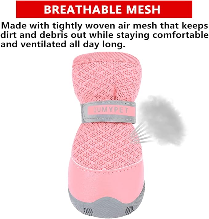QUMY 4PCS Dog Shoes for Small Dogs, Hot Pavement Summer Puppy Dog Boots & Paw Protectors with Soft Anti-Slip Rubber Sole, Mesh Breathable Dog Booties for Hardfloors, Walking Running Pink Size 3