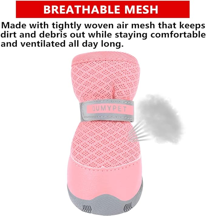 QUMY 4PCS Dog Shoes for Small Dogs, Hot Pavement Summer Puppy Dog Boots & Paw Protectors with Soft Anti-Slip Rubber Sole, Mesh Breathable Dog Booties for Hardfloors, Walking Running Pink Size 5