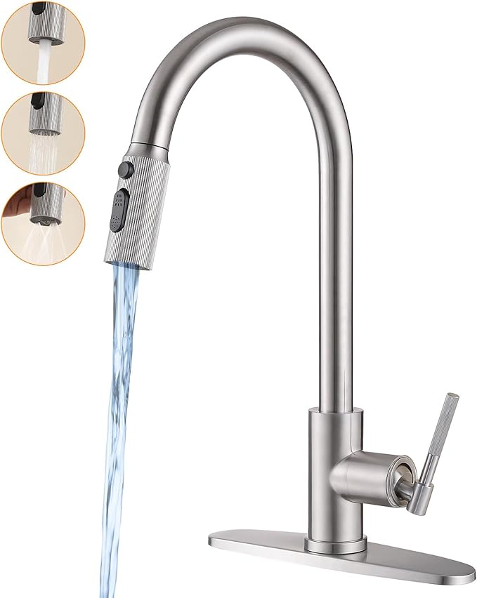 High Flow Kitchen Faucet 2.2 GPM, High Pressure Brushed Nickel Pull Down Sprayer, Stainless Steel Single Handle Sink Faucet for 1/3 Hole 10" Deck Plate