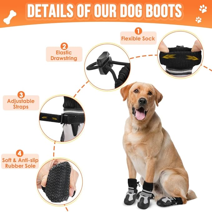 Lukovee Dog Shoes - Waterproof Warm Fleece Lined Dog Booties for Small Medium Large Dogs, Non-Slip Adjustable Dog Boot for Winter Cold Weather (HX,Size 6)