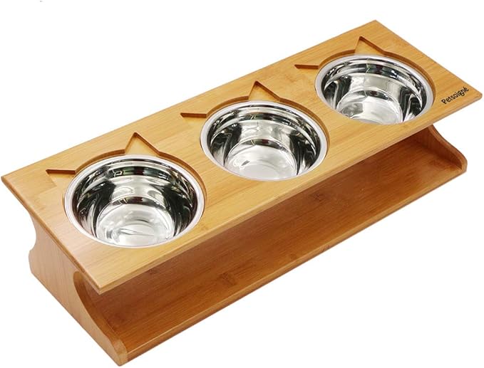 Cat Bowls Pet Dining Table with Raised Slope Wooden Stand Elevated Pet Bowls with Oblique Stand for Cats, Dogs, Kitten and Puppy (3 Bowls, Steel)