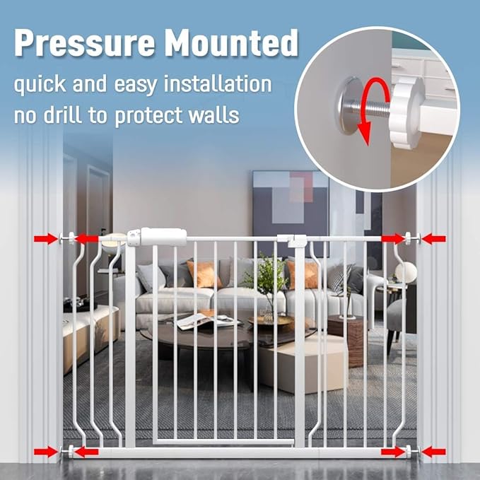 ALLAIBB Extra Wide Pressure Mount Baby Gate Auto Close White Metal Child Dog Pet Safety Gates with Walk Through for Stairs,Doorways,Kitchen and Living Room (52.76-62.2"/134-158cm)
