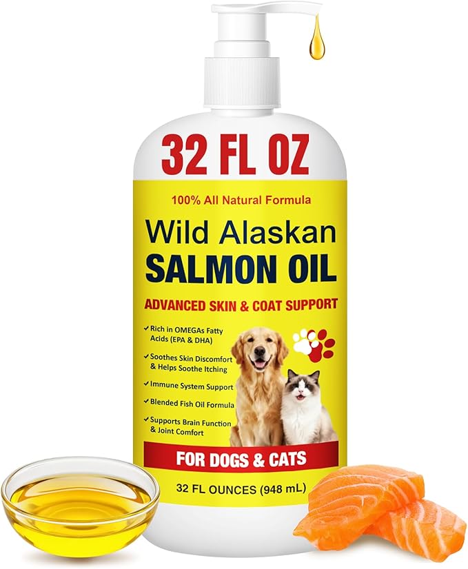 Wild Alaskan Salmon Oil for Dogs & Cats - 32oz Omega 3 Fish Oil with EPA DHA Fatty Acids, Skin & Coat Support, Itchy Relief, Immune & Joint Support, Liquid Food Topper for Heart & Brain Health