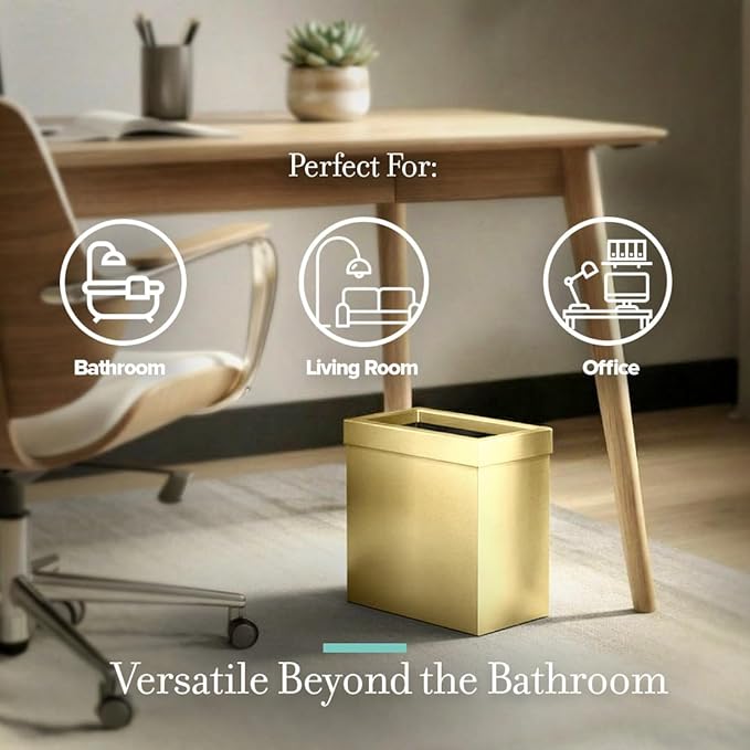 Gatco Modern Rectangle Wastebasket, Brushed Brass - Stainless Steel Trash Can with Removable Lid, Leakproof, 3 Gallon Capacity for Bathroom, Bedroom, Kitchen, or Office