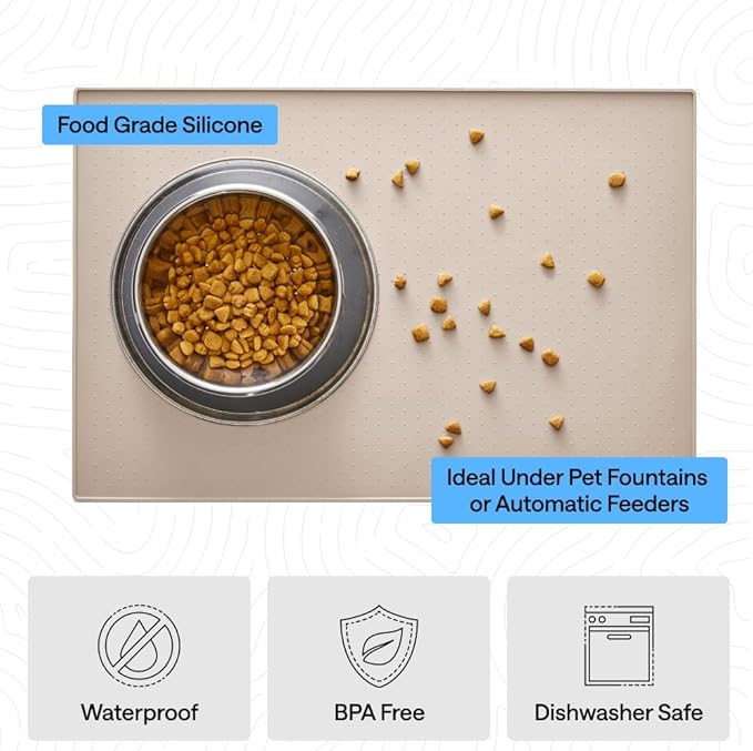 GORILLA GRIP 100% Waterproof Raised Edge BPA Free Silicone Pet Feeding Mat, Dog Cat Food Mats Contain Spills Protects Floors, Placemats for Cats and Dogs Water Bowl, Pets Accessories 32x24 Cream