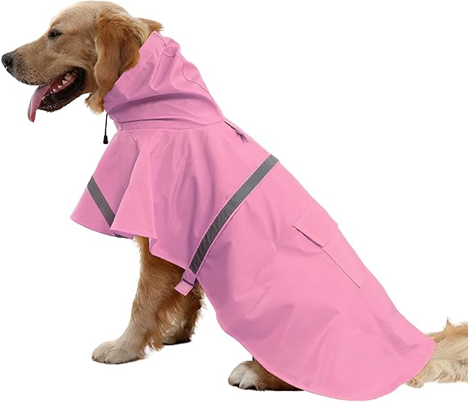NACOCO Large Dog Raincoat Adjustable Pet Water Proof Clothes Lightweight Rain Jacket Poncho Hoodies with Strip Reflective (L, Pink)