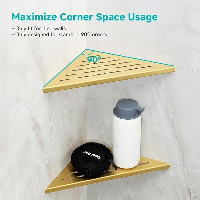 2-Pack 10" Corner Shower Shelf Golden Brushed Wall Mounted No Drilling Bathroom Shelves, Recessed Shower Caddy for Inside Shower, Stainless Steel Triangular Shower Organizer