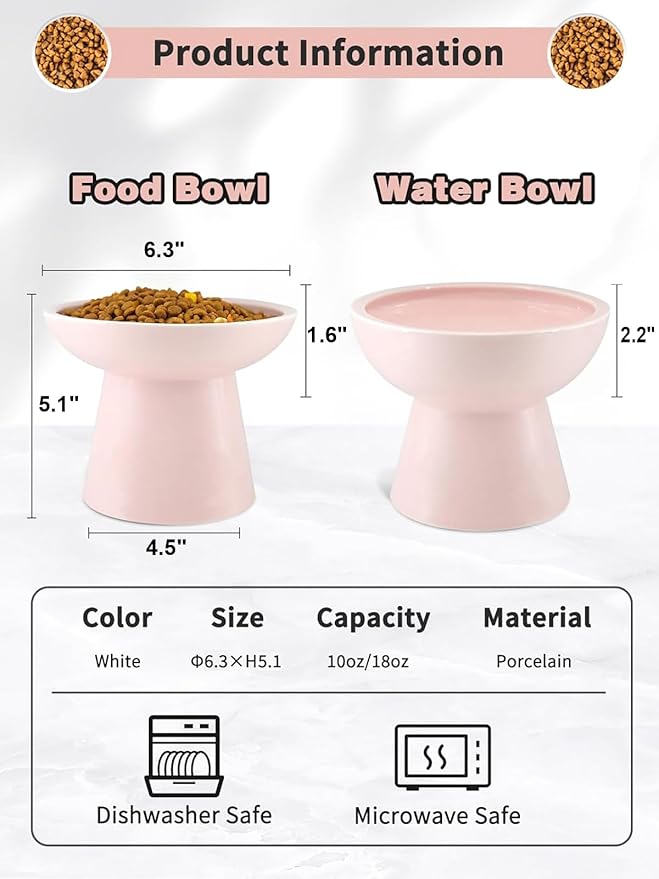 LoeJan Elevated Cat Food and Water Bowls Set, Extra Wide and Raised Ceramic Feeder, Anti-Vomit Whisker-Free Pressure Feeding Bowl for Kittens Adult Cats Small Dogs(Pink, Food Bowl)