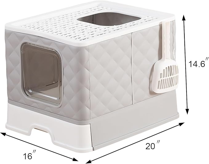 Gagee Foldable Cat Litter Box, Extra Large Front Entry Top Exit Box with Lid, Drawer Type Enclosed Kitty Scoop, Anti-Splashing Toilet Easy Cleaning,Grey