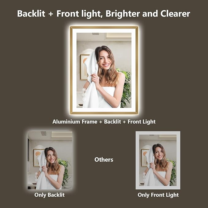 40x32 Gold Framed LED Bathroom Mirror with Lights, Backlit and Front Light, Lighted Bathroom Vanity Mirror for Wall Dimmable Anti-Fog Memory Tempered Glass Horizontal/Vertical